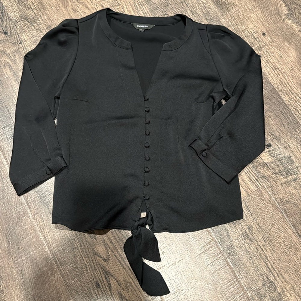 Express Black Button Up And Tie Front Blouse 3/4 … - image 1